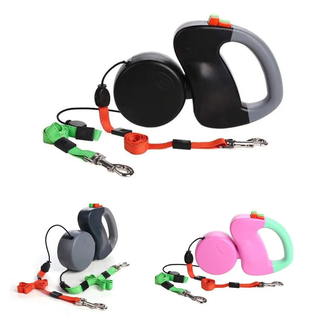 Retractable Double Dog Leash with Reflective Lines – 3m Nylon Leash for Two Dogs with Ergonomic Handle