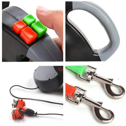 Retractable Double Dog Leash with Reflective Lines – 3m Nylon Leash for Two Dogs with Ergonomic Handle