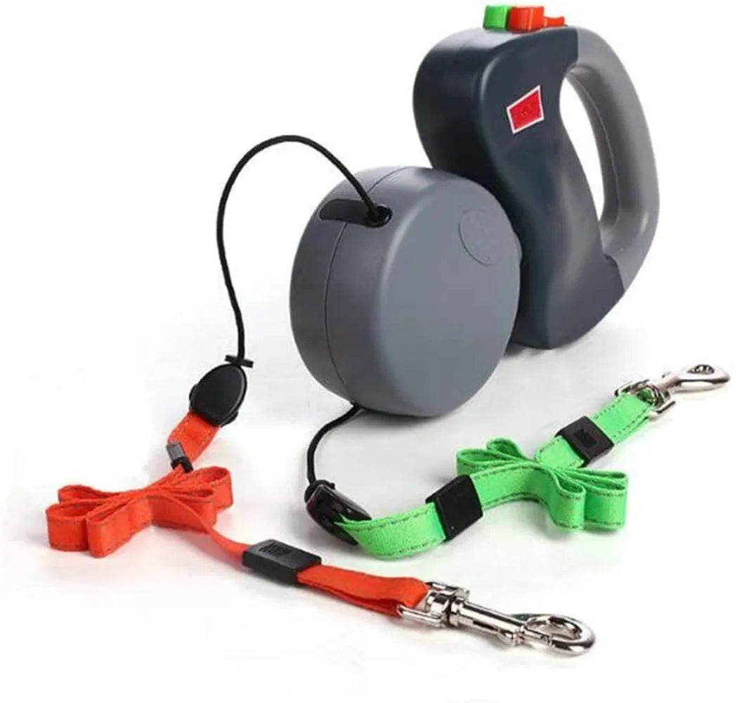 Retractable Double Dog Leash with Reflective Lines – 3m Nylon Leash for Two Dogs with Ergonomic Handle