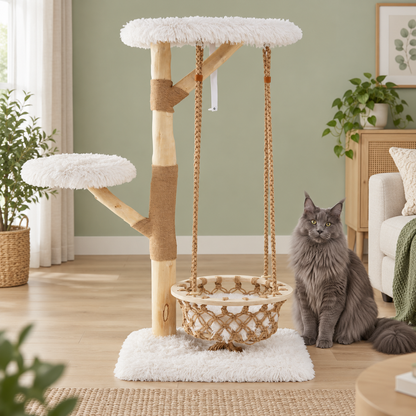 The Arbor Retreat — Pear-Wood Cat Tower & Hanging Cradle