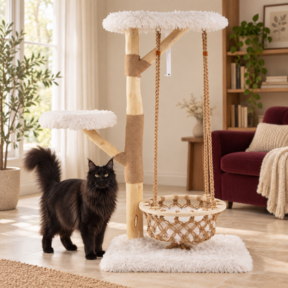 The Arbor Retreat — Pear-Wood Cat Tower & Hanging Cradle